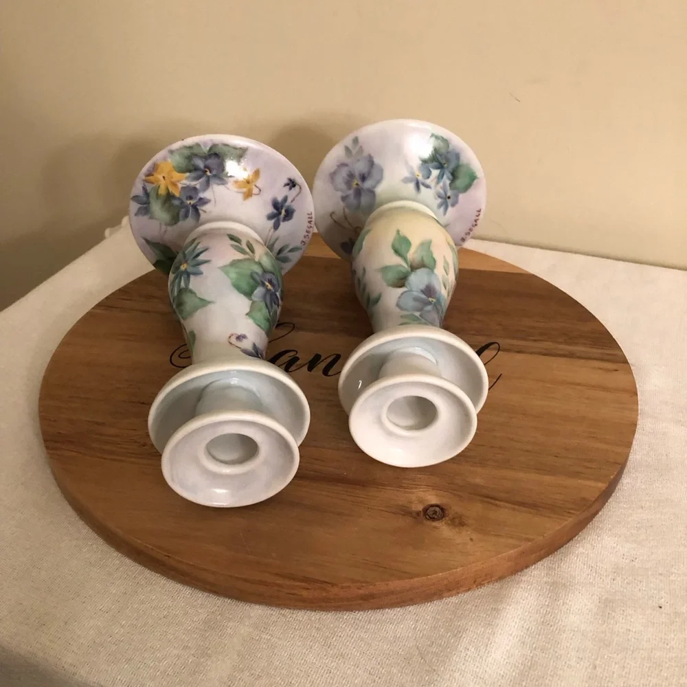 Pair Hand-Painted Ceramic Candle Holders - Picture 3 of 6